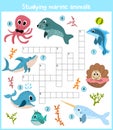 A colorful children's cartoon crossword, education game for children on the theme of sea animals and fishes living in the seas and Royalty Free Stock Photo