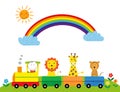 Colorful children`s illustration with the rainbow and train - time for an adventure