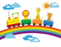 Colorful children`s illustration with the rainbow and train - time for an adventure