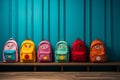 Colorful children schoolbags on a wooden floor, blue room backdrop