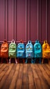 Colorful children schoolbags on a wooden floor, blue room backdrop