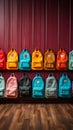 Colorful children schoolbags on a wooden floor, blue room backdrop