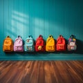 Colorful children schoolbags on a wooden floor, blue room backdrop