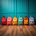 Colorful children schoolbags on a wooden floor, blue room backdrop