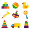 Colorful children toys, set of icons in flat style. Cubes, whirligig, duck, ball rattle, truck, pyramid, pipe. Toys for