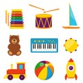 Colorful children toys, set of vector icons in flat style. Bear, ball, rocket, tambourine, boat, accordion, train, drum. Toys for