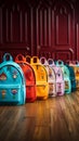 Colorful childrens schoolbags on a wooden floor, blue room