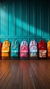 Colorful childrens schoolbags on a wooden floor, blue room