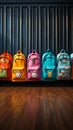 Colorful childrens schoolbags on a wooden floor, blue room