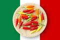 Colorful chili peppers plate with Mexico flag Royalty Free Stock Photo