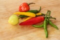 Colorful chili - red, green, yellow - wood background