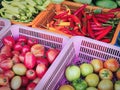 Colorful Chilies and Tomatoes for Sale at Market Stall Royalty Free Stock Photo