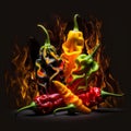 Colorful Chillis, Chile\'s with flames and fire. Hot Chillis