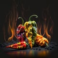 Colorful Chilli, Chile\'s with flames and fire. Hot Chillis