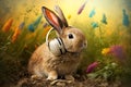 colorful chilling spring bunny wearing headphones. listening to music