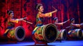 Colorful Chinese Drummers in Rhythmic Action Royalty Free Stock Photo