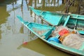 Colorful chinese fishing boat resting at a Chinese Fishing Village- Sekinchan, Malaysia Royalty Free Stock Photo
