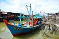 Colorful chinese fishing boat resting at a Chinese Fishing Village- Sekinchan, Malaysia Royalty Free Stock Photo