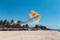 Colorful chinese kite flying in the blue sky with white clouds Royalty Free Stock Photo