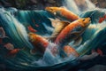 Colorful Chinese Koi Jumping in River Rapids Royalty Free Stock Photo