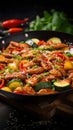 A colorful Chinese stir fry featuring chicken, zucchini, and sweet peppers