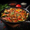 A colorful Chinese stir fry featuring chicken, zucchini, and sweet peppers