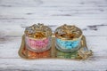 Colorful and chocolate covered almond candies in pastel tones in crystal sugar bowl. Traditional Turkish colorful coated almond Royalty Free Stock Photo