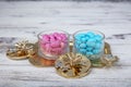 Colorful and chocolate covered almond candies in pastel tones in crystal sugar bowl. Traditional Turkish colorful coated almond Royalty Free Stock Photo