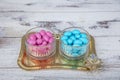 Colorful and chocolate covered almond candies in pastel tones in crystal sugar bowl. Traditional Turkish colorful coated almond Royalty Free Stock Photo