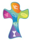 Colorful christian cross with chalice grapes bread and wheat ear