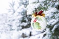 A colorful Christmas ball hung on a snow-covered