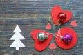 Colorful Christmas balls and handmade decorations. Flat lay, free space for text Royalty Free Stock Photo