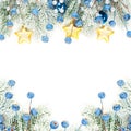 Colorful Christmas frame background border composition isolated on white. Xmas card with blue berries and gold stars Royalty Free Stock Photo