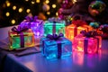 colorful christmas gift boxes sitting on a table in front of a christmas tree Royalty Free Stock Photo