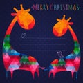 colorful christmas greeting card with giraffes. Square composition with geometric shapes.