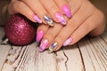 Colorful Christmas nails winter nail designs with glitter,rhinestones Royalty Free Stock Photo