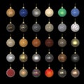 Colorful christmas new year balls made out of different materials on black. Gold, plastic, metal, car paint Royalty Free Stock Photo
