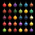 Colorful christmas new year balls made out of different materials isolated on black. Gold, plastic, metal, car paint Royalty Free Stock Photo