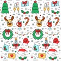 Colorful Christmas and New Year holiday seamless pattern with traditional attributes in line style. Vector Royalty Free Stock Photo