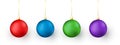 Colorful Christmas and New Year toys on white background. Red and blue, green and purple traditional holiday decoration element.