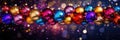 Colorful Christmas ornament balls abstract background. Holiday cheerful decorations. Rainbow glass bulbs wallpaper x-mas