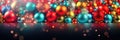 Colorful Christmas ornament balls abstract background. Holiday cheerful decorations. Rainbow glass bulbs wallpaper x-mas