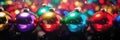 Colorful Christmas ornament balls abstract background. Holiday cheerful decorations. Rainbow glass bulbs wallpaper x-mas