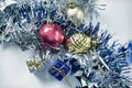 Colorful Christmas ornament photo. Christmas tree toy ball and pine cone.