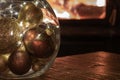 Christmas ornaments with wood fire background