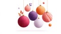 Colorful Christmas ornaments hanging on strings with decorative leaves on a white background. Royalty Free Stock Photo