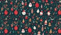 Colorful christmas ornaments patterned on a dark green background