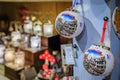 Colorful Christmas ornaments for sale at a souvenir shop in Colmar, France