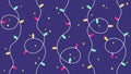 Colorful Christmas Seamless Pattern with Curvy String Lights Glowing Bulbs and Sparkling Decorative Elements on Purple Background Royalty Free Stock Photo