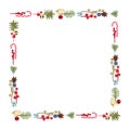 Colorful Christmas square composition frame with Xmas lollipop, red holly berries, golden decor and green fir branch isolated